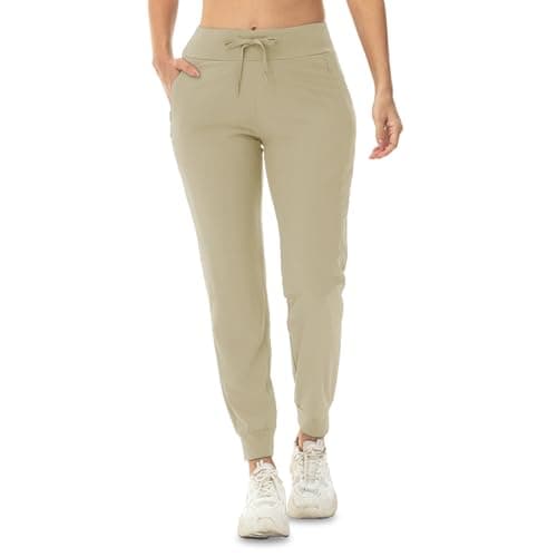 Image of donhobo Womens Lightweight Cuffed Joggers Water-Resistant Walking Trousers Casual Ladies Drawstring Sweatpants Quick Dry Tracksuit Bottoms Hiking Pants with Zip Pockets (Light Khaki, M)