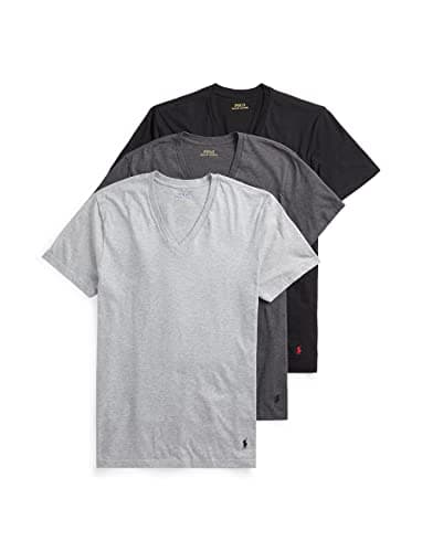 Image of POLO RALPH LAUREN Men's Slim Fit Undershirt W/Wicking 3-Pack V-Necks, Andover Heather/Polo Black, Madison Heather/Polo Black, Polo Black/Red, Medium
