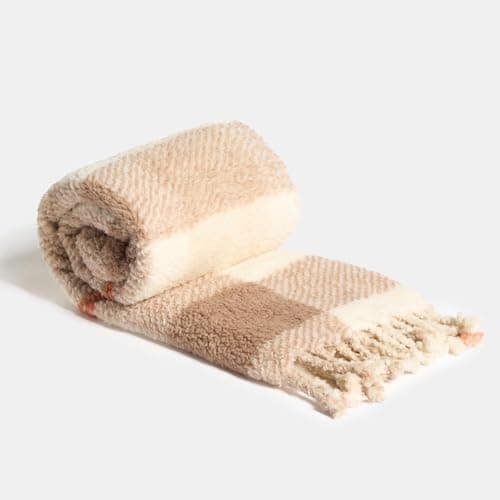 Image of OHS Sherpa Fleece Throw Blanket for Sofa, Ultra Soft Warm Stylish Check Tassel Fleece Blanket Lightweight Cosy Throws for Sofa Large Single Bed Throw, Rust - 120 x 150cm