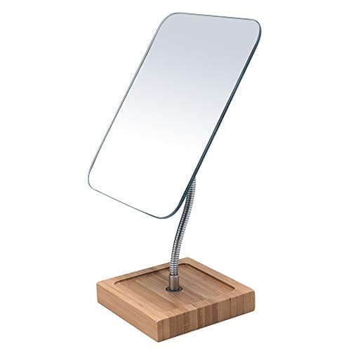 Image of YEAKE Flexible Gooseneck Bamboo Vanity Makeup Mirror,360°Rotation 8" Large Frameless, Folding Portable Table Desk Mirror with Stand for Bathroom Shaving Make Up, Rectangle