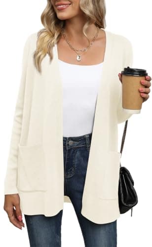 Image of Yommay Cardigan for Women Loose Casual Lightweight Ladies Long Sleeve V-Neck Knitted Sweaters with Pockets,Beige,XXL