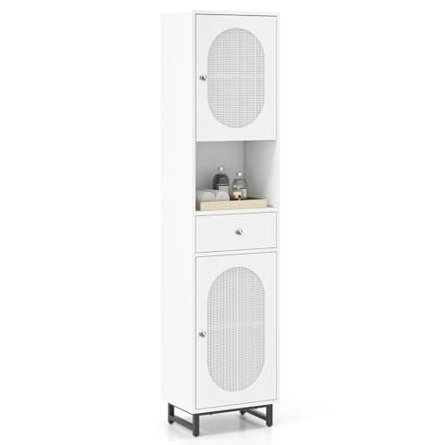 Image of RELAX4LIFE Bathroom Tall Cabinet, Wooden Slim Storage Cupboard with PE Rattan Doors, Adjustable Shelves and Drawer, Freestanding Narrow Bathroom Organizer Tallboy Unit (White)