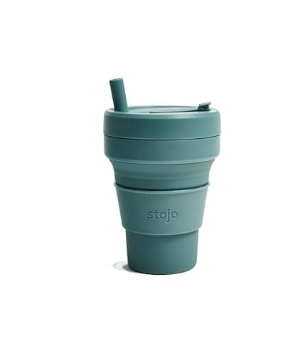 Image of STOJO On-The-Go Biggie Collapsible Coffee Cup with Lid - 16oz / 473ml - Reusable & Foldable Silicone Travel Mug - Portable, Pocket Size - Dishwasher Safe - Eucalyptus