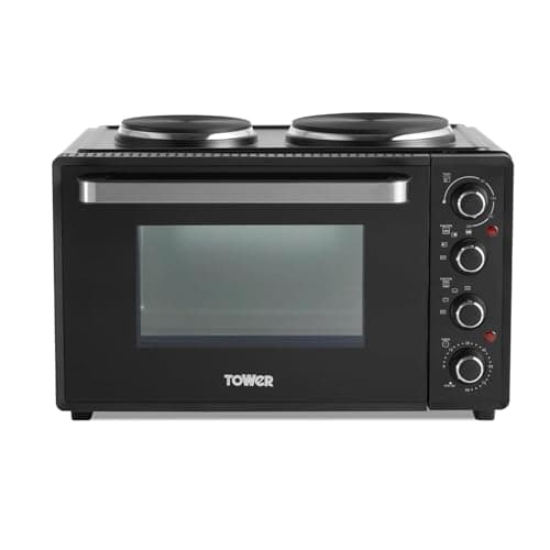 Image of Tower Mini Oven with Dual Hot Plates, 32L, Adjustable Temperature Control, 90 Minute Timer, Baking Tray and Wire Rack, Black with Silver Accents, T14044