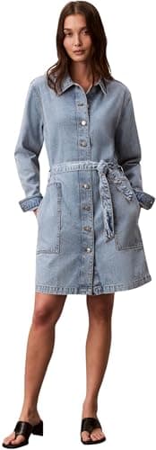 Image of Calvin Klein Women's Belted Denim Mini Dress Coastal LV047F671G Dresses, Blue, M