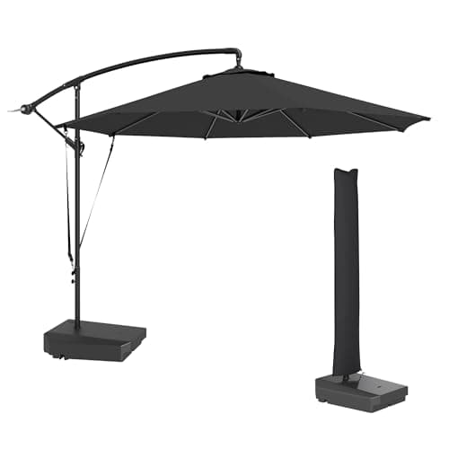 Image of Outsunny 3(m) Garden Cantilever Parasol with Fillable Base up to 90kg, Wind Protection Strap, Cover, Round Banana Hanging Umbrella with Crank Handle and Tilt, UPF50+ Patio Umbrella, Grey