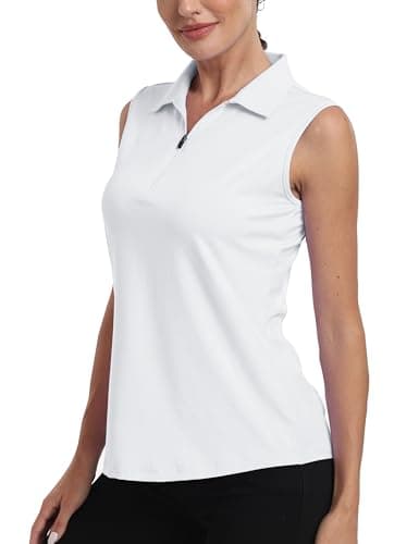 Image of MoFiz Womens Golf Polo Shirts Sleeveless Gym Tennis Golf Top Summer Breathable Casual Work Sports T-Shirt with 1/4 Zip White Size US L=UK L