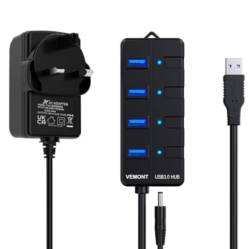 Image of Powered USB Hub 3.0,VEMONT 4 ports USB Hub with 5V/3A Power Supply,Superspeed 5Gbps USB Splitter with Individual on/off LED Switches and 3.9ft/1.2m Long Cable for PC/Laptops/Ultrabooks/Desktops