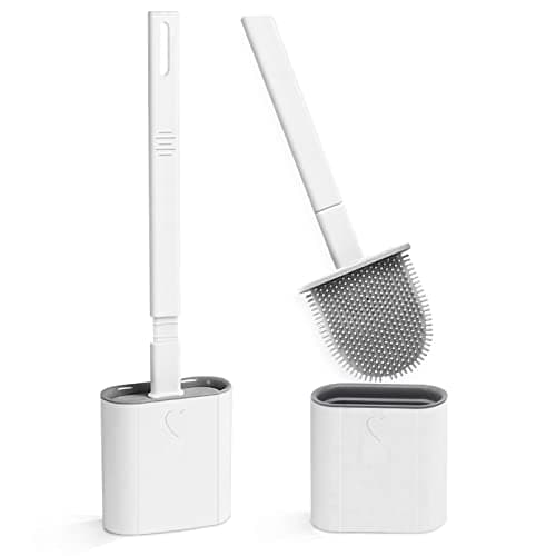 Image of Toilet Brush, 2 Pack Bathroom Silicone Toilet Brushes and Holder Sets with No-Slip Long Plastic Handle and Soft Flexible Bristles, Toilet Brushes with holders and Base for Anti-drip (White)