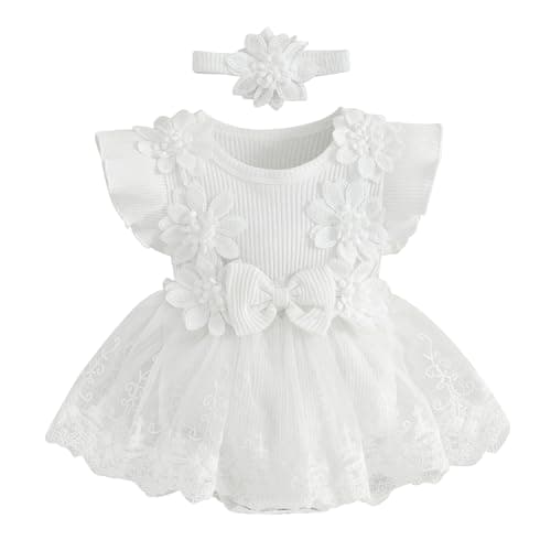 Image of Himllauen 2 Pcs Infant Baby Girls Summer Romper Outfits Ruffle Sleeveless Flower Embroidery Casual Bodysuit Dress+ Headband Set Newborn Toddler Princess Dress (White, 0-3 Months)