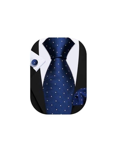 Image of Barry.Wang Men's Navy Blue Ties Dot Stripe Handkerchief Necktie Cufflinks Set Classic Fashion Wedding Business