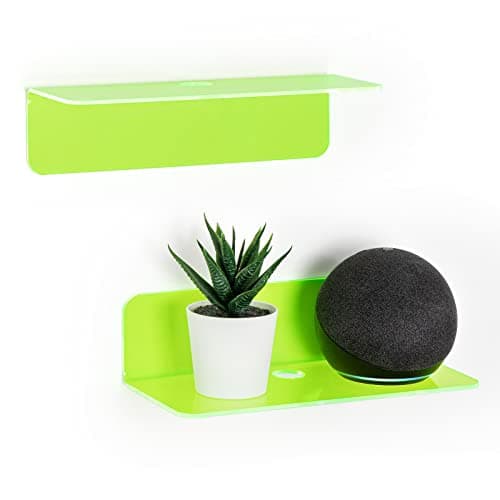 Image of OAPRIRE Acrylic Floating Wall Shelves Set of 2 - Easily Expand Wall Space - 9 Inch Small Stick On Shelf for Bathroom, Bedroom, Kitchen, Living Room, Office with Cable Clips - Green