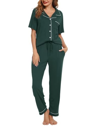 Image of Lovasy Pyjamas for Women Soft Ladies Pyjamas Button Down Pjs for Women Sets Classic Womens Pyjamas Sets Pajamas Loungewear with Pockets,Green,XXL