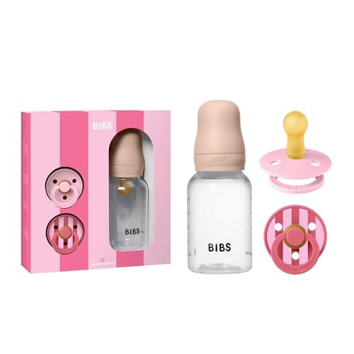 Image of BIBS Baby Gift Set, with a 150 ml Baby Bottle and a 2-Pack of BIBS Colour Dummies, BPA Free Dummy Pacifier, Round Teat. Natural Rubber Latex, Designed in Scandinavia, Size 1 (0-6 Months), Blush