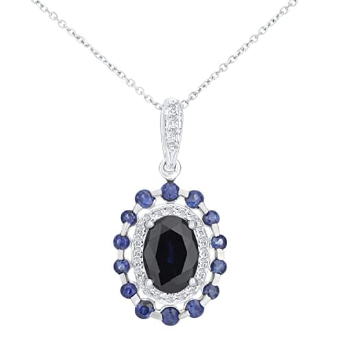 Image of Elegano 9ct White Gold 40 cm Women’s Necklace – Oval Sapphire Cluster Diamond Border Pendant