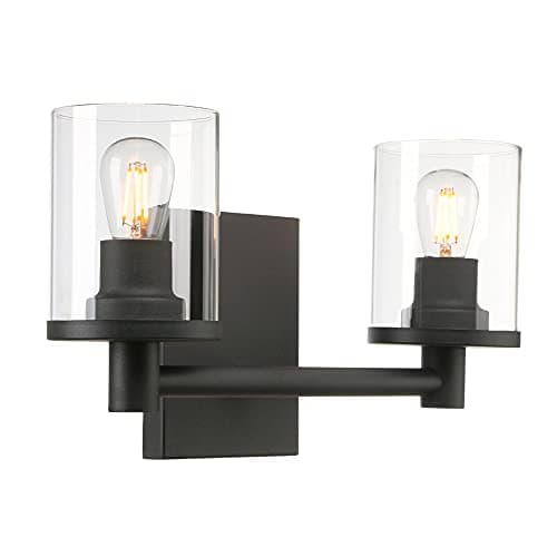 Image of Yosoan 2 Lights Modern Vintage Wall Light, Industrial Vanity Lighting with Glass Lampshade, Double Wall Lamp Indoor Home Lights Fixture, Up Candle Light for Bedroom, Kitchen, Living Room (Black)