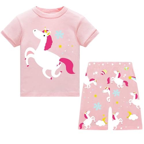 Image of JinBei Girls Pyjamas Set Short Sleeve T-Shirt and Shorts Set Summer Pjs Sleepwear Casual Pink Horse Nightwear Pajamas Tops Bottoms 2pcs Girl Gift Kids Clothes Lounge Wear Age 4-5 Years