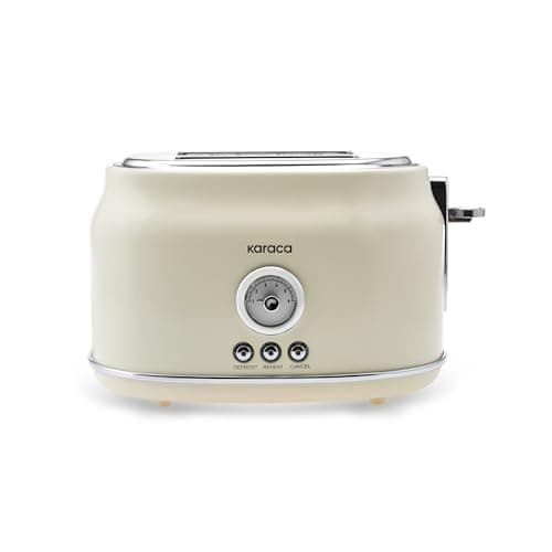 Image of Karaca Retro 2 Slice Toaster - 815W Stainless Steel Toaster with 6 Toast Shade Settings, Defrost, Reheat & Crumb Tray, Cream