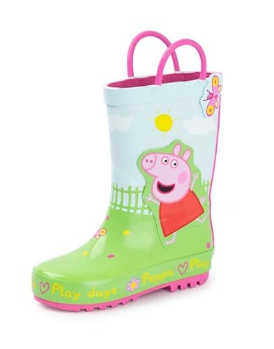 Image of Peppa Pig Kids Wellington Boots | Childrens Handle Wellies and George Pig Print | Multicoloured Water Resistant Pull On Rubber Boots for Boys & Girls | Animation Movie Merchandise Gift