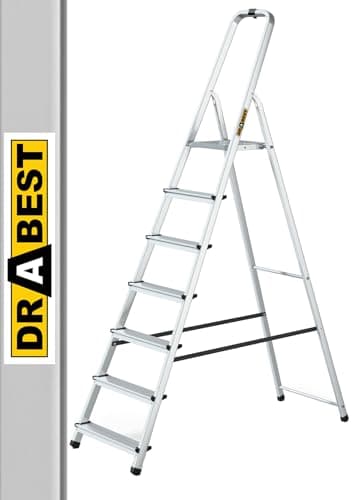 Image of DRABEST 7 Step Ladder Folding - Aluminum Folding Ladder - Ladder with Work Platform - Stepladders 7 Tread - Capacity 125 KG - Multi-Purpose Ladders - 50 x 215 x 12 cm