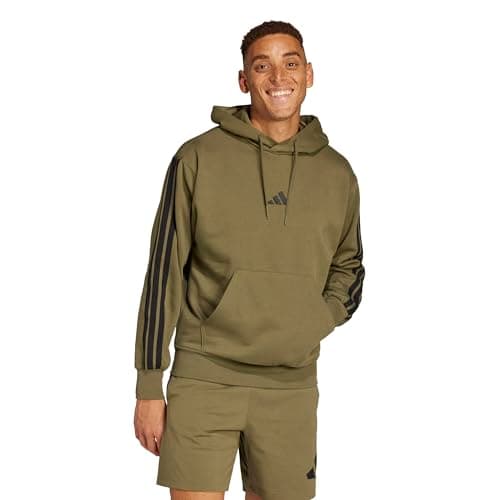 Image of adidas Men's ESSENTIAL THREE STRIPES FLEECE HOODIE, olive strata/black, M