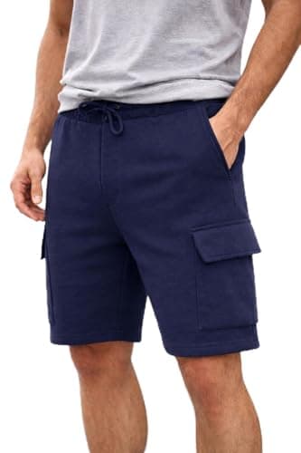Image of Comfort Collections Men's Fleece Cargo Shorts, Cotton Blend, 5 Pockets, Adjustable Drawstring Waist, Gym, Lounge and Casual (UK, Alpha, L, Regular, Regular, Navy)