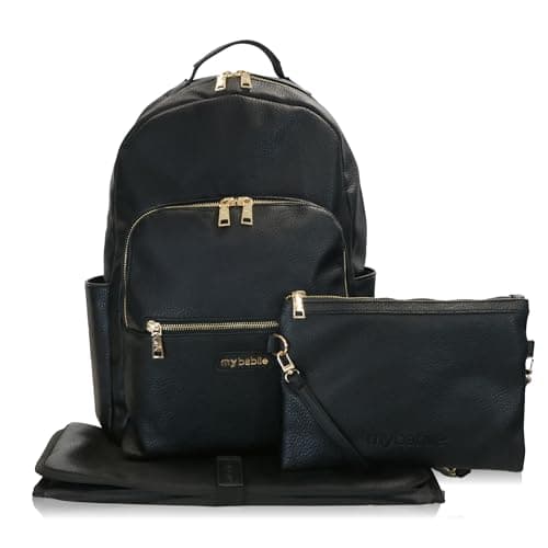 Image of My Babiie Backpack Pro Changing Bag - 2 Insulated Bottle Holders, Clutch Bag, Portable Changing Mat, Stroller Clips, Baby Travel Bag, Nappy Back Pack, Vegan Leather - Black & Gold
