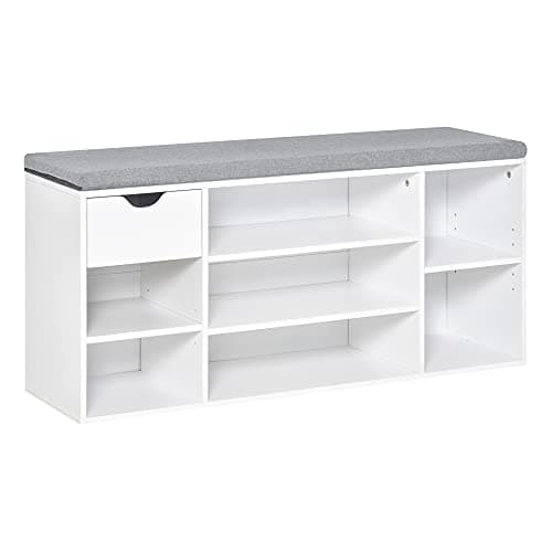 Image of HOMCOM Shoe Bench with Seat Cushion Shoe Storage Cabinet with 7 Compartments Drawer Adjustable Shelves for Entryway Hallway Living Room, White