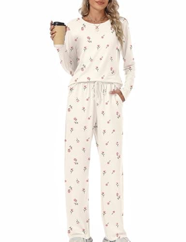 Image of Rapbin Women Pajamas Sets Ladies PJs Floral Printing Two Piece Set Long Sleeve Loungewear Top and Wide Leg Pants Pyjamas Set Soft Nightwear Co ord Sets with Pockets Pink rose S