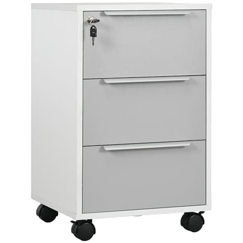 Image of HOMCOM 3-Drawer Lockable Filing Cabinet, File Cabinet on Wheels, Mobile Office Storage Drawers for Home Office, Bedroom and Living Room, White and Grey