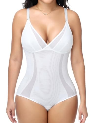 Image of Joyshaper Shapewear for Women Mesh Slimming Shaping Bodysuit Tummy Control Body Shaper Spaghetti Straps Bodyshaper White XL