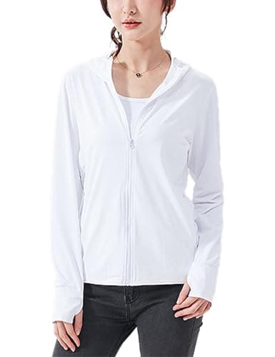 Image of Sukany Women's UPF 50+ Sun Protection Hoodie Running Lightweight UV Jacket Athletic Thin Zip Up Outdoor Hiking Long Sleeve SPF Shirt with Thumb Holes White M