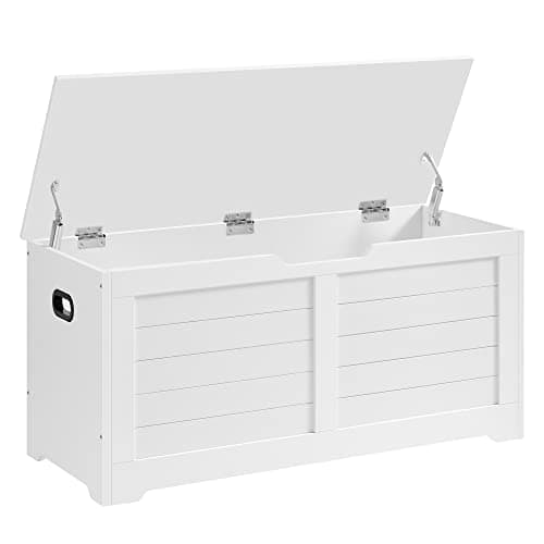 Image of Vasagle LSB061T10 Shoe Bench, Bench with Storage Space, Seat Chest with 2 Safety Hinges, Storage Cabinet, Country House Style, 40 x 100 x 46 cm, for Hallway, Bedroom, Living Room, Cloud White