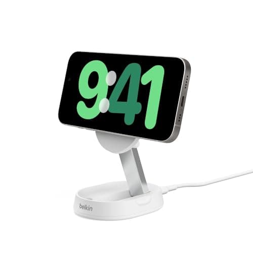 Image of Belkin BoostCharge Pro 15W convertible magnetic wireless charging stand, MagSafe compatible fast Qi2 wireless charger, magnetic fast charger for Apple iPhone 17/16/15, Air, AirPods, PixelSnap - White