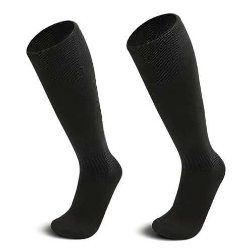Image of J&A MARTS Kids Football Socks | Teen Boys Girls Long Sports Socks for Football | Rugby, Hockey & PE | Breathable Non Slip Compression Training Soccer Socks Ages 7–10 Years (UK 12–3) | Black