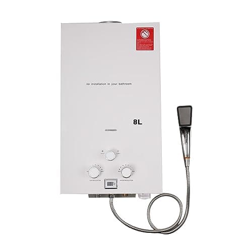 Image of TABODD 8L LPG Propane Gas Water Heater, 16KW Portable Tankless Instant Hot Water Heater Boiler Burner with Stainless Steel Shower Head Kit for Small Homes RV's Sailboats Cabins Camping, White
