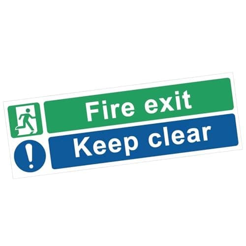 Image of Fire Exit Sign - Rigid Plastic Emergency Escape Route Marker with "Keep Clear" Text - Durable 300mm x 100mm Fire Extinguisher Sign, EN ISO Compliant, Green & White