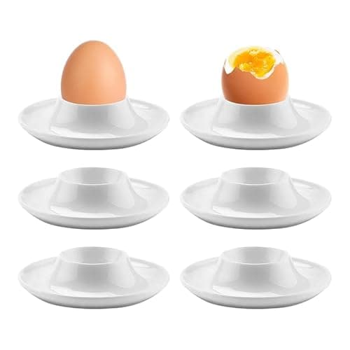Image of Solvio 6 Pcs Egg Cups Set, White Plastic Egg Holders for Soft and Hard Boiled Eggs, Stackable Egg Stand Plates Tray, Dishwasher Safe, Classic Style Breakfast Tableware for Home and Restaurant