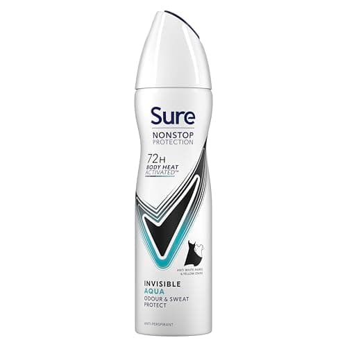 Image of Sure Nonstop Protection Invisible Aqua Anti-Perspirant Aerosol Women's Deodorant Spray with Body Heat Activated technology and white mark protection for 72 hour odour and sweat protection 150 ml
