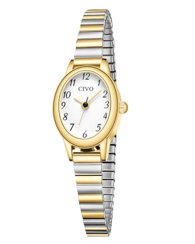 Image of CIVO Ladies Stainless Steel Watches: Small Gold Oval Case Waterproof Analogue Wristwatch with Expansion Band - Womens Watch Versatile for Daily Commute & Casual Chic Outfits
