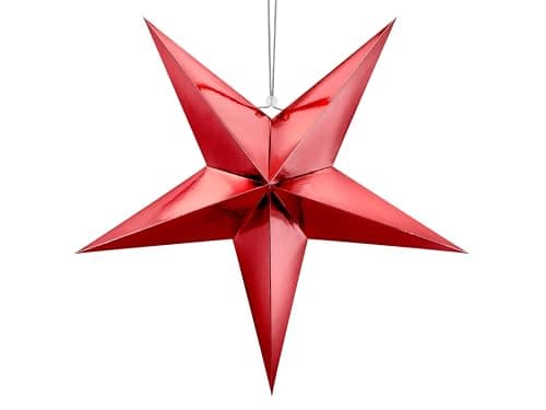 Image of Red Metallic Hanging 3D Star Ornament - 5 Point Paper Decoration, Mirror Red Paper with Silver Twine, 70 cm Diameter for Holidays, Parties, and Home Décor