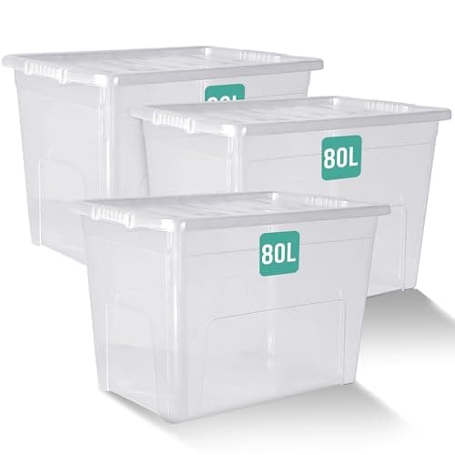Image of Klass Home Collection 3 x 80 Litre Large Plastic Storage Boxes With Lids Set of 3, Strong, Nestable Stackable Large Storage Box With Lid 80L Clear Plastic Containers For Home, Kitchen, Garage, Office