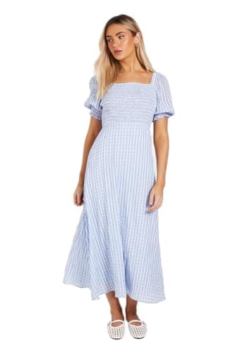 Image of Dorothy Perkins Shirred Bodice Gingham Midi Dress, 12, Blue