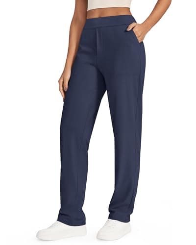 Image of G4Free ShiftReady Yoga Pants for Women Straight Leg Dress Stretch Ladies Work Trousers with Pockets High Waist Business Casual Pull On Smart Trousers(Dark Blue,L,Regular)