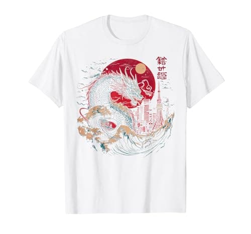Image of Japanese Tokyo Rising Dragon Great Wave Off Kanagawa Kanji T-Shirt, Men, White, 4X-Large