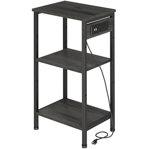 Image of Asgolion Tall End Table with Charging Station, 3 Tier Narrow Side Table with Adjustable Shelf, Tall Grey Nightstand for Bedroom Living Room Coffee Table, Office, Grey