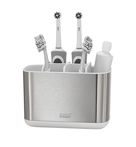 Image of Joseph Joseph Easy-Store - Large Toothbrush Holder Caddy, Bathroom Storage - White/Steel