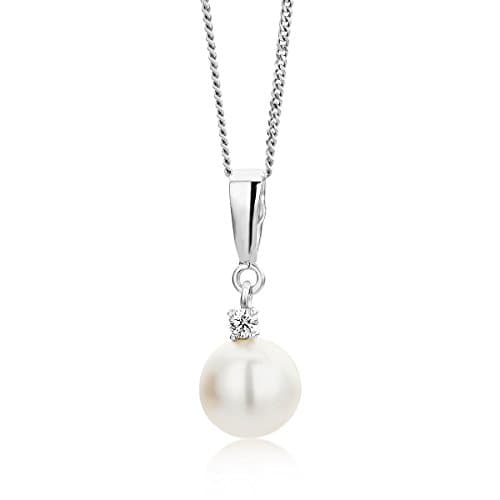 Image of Orovi necklace for women with pearl and diamonds pendant, 9 carat (375) white gold, diamonds 0.035 carat gold chain