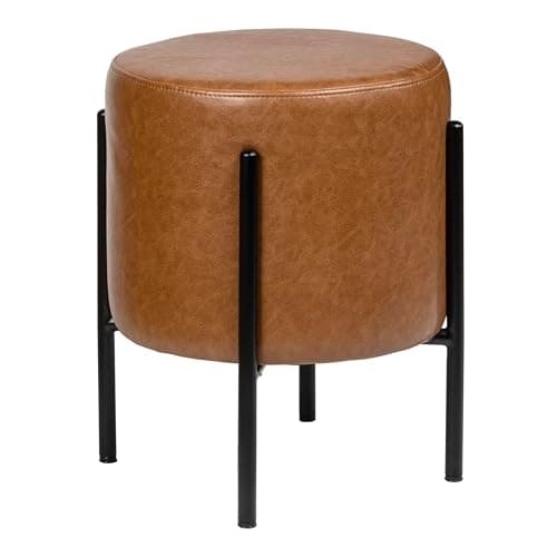 Image of JONATHAN Y VSL2000A Silvia 18.5" Modern Minimalist Round Backless Metal/Vegan Leather Cushioned Vanity Stool for Home, Vanity, Makeup, Living Room, Bedroom, Caramel Brown