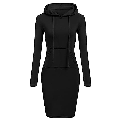 Image of aromm Women's Hoodie Dress Pullover Long Sleeve Knee Length Casual Slim Hooded Sweatshirt Black, XL